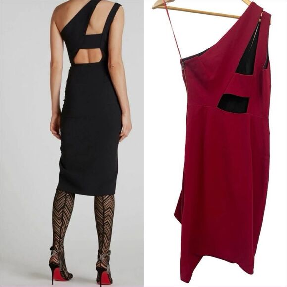 ROLAND MOURET Cutout One-Shoulder Asymmetric Drape Fitted Dress in Burgundy - Picture 11 of 11